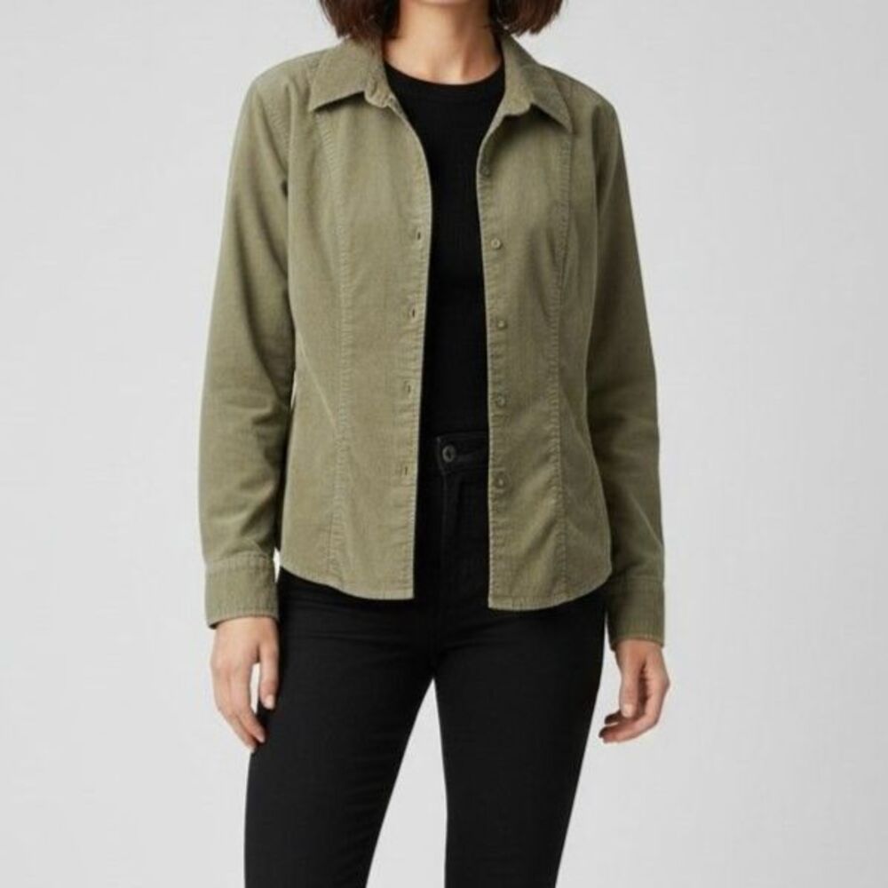 Talbots Women's stretch corduroy long sleeve button-down shirt PL army green VTG